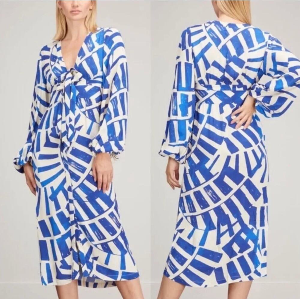 Alexis Brazil Shirt Dress Womens XS Royal Blue White Balloon Sleeve Knee Length